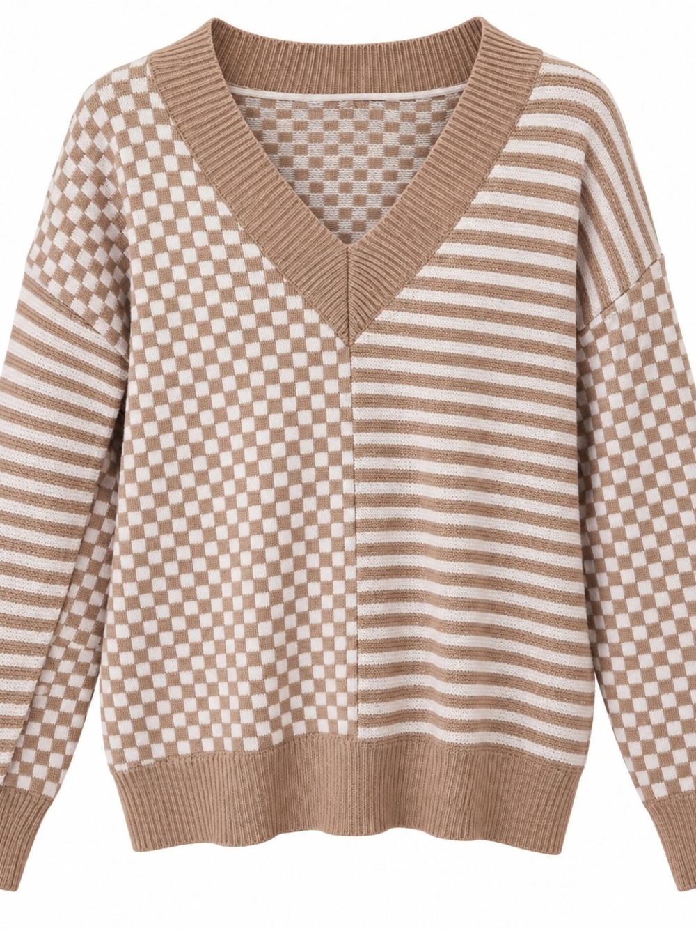 Women's V-Neck Checker & Stripe Pullover Sweater in Beige